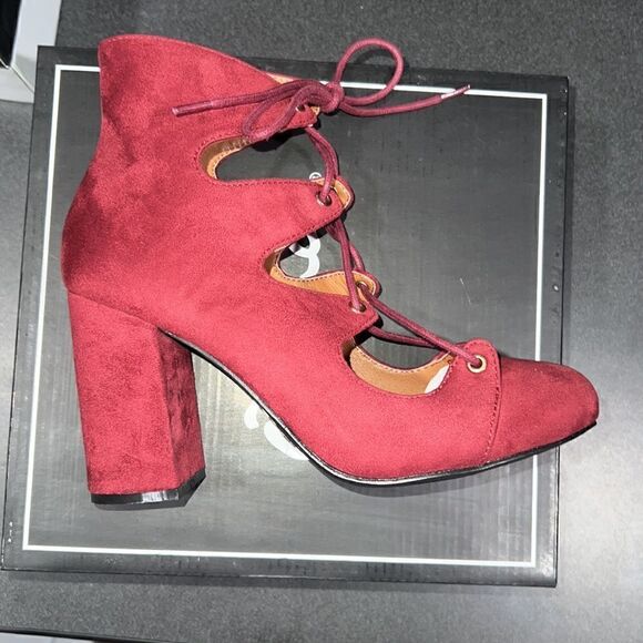 180. Burgundy Faux Suede Platform Unique Retro Block Lace-up Heels Qupid - Picture 2 of 4